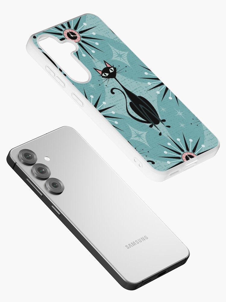 Thumbnail 2 of 4, Samsung Galaxy Phone Case, Mid Century Cat and Clocks - Blue designed and sold by studioxtine.