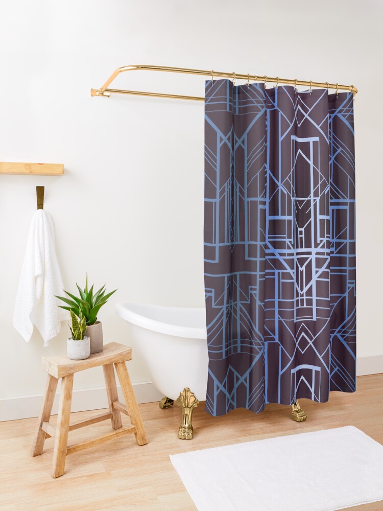 Alternate view of Geometric Deco in Blue Shower Curtain
