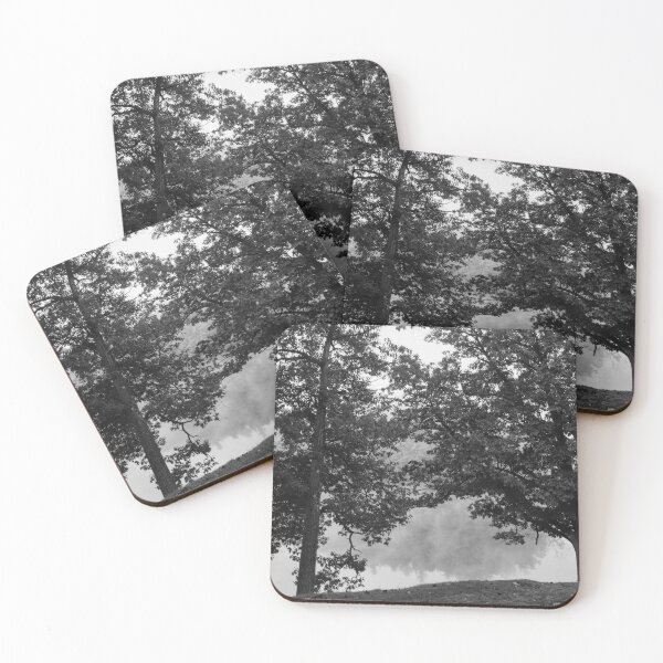 Item preview, Black and white Two oak trees on river edge in early  morning fog designed and sold by Brian Scantlebury.