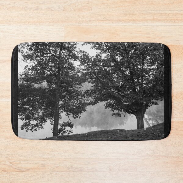 Item preview, Black and white Two oak trees on river edge in early  morning fog designed and sold by Brian Scantlebury.
