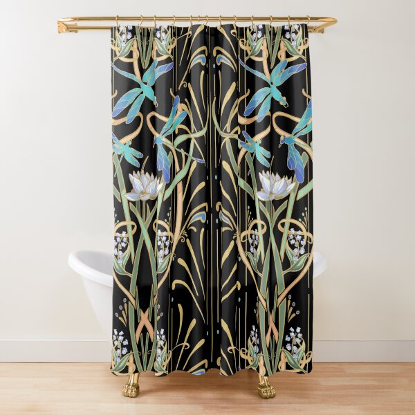 Art Nouveau Dragonflies Pattern | Black Shower Curtain