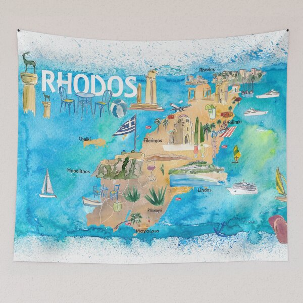 Item preview, Rhodes Greece Illustrated Map with Landmarks and Highlights  designed and sold by artshop77.