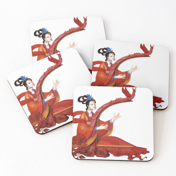 Item preview, China art print - portrait of young Chinese lady woman in red with harp designed and sold by Kallandra.