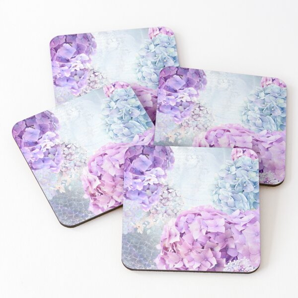 Blue and Purple Pastel Flower Hydrangea Spring Collage Pattern Coasters (Set of 4)