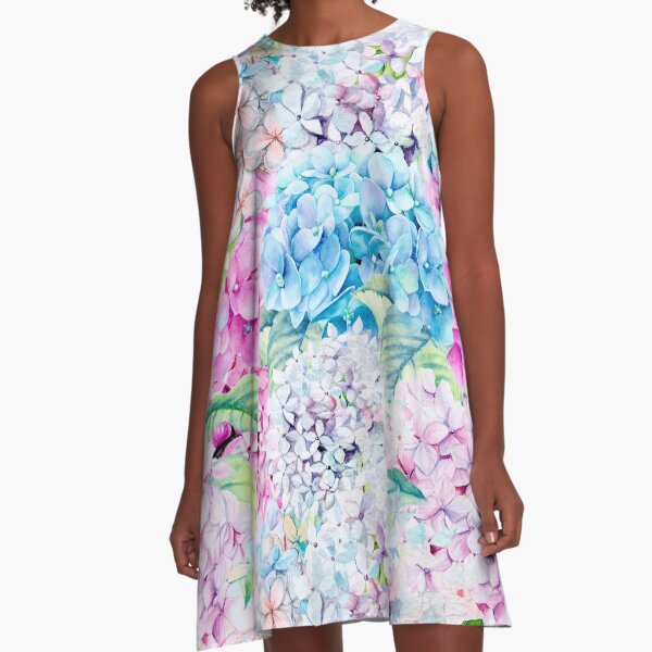 High Key Watercolor Spring Pastel Hydrangea Flower Pattern A-Line Dress