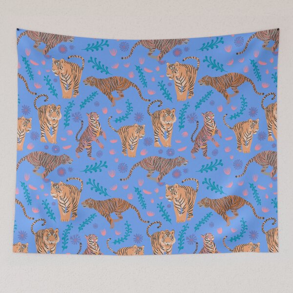 Item preview, Tigers with flowers and plants on stripes purple designed and sold by Flyingwall.