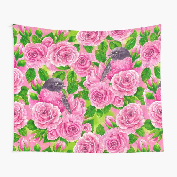 Pink Robin and roses Tapestry