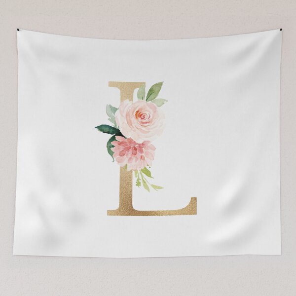 Artikelvorschau, Monogrammbuchstabe L - Kunstgoldfolie und rosa-weiße Blumen und grüne Blätter entworfen und verkauft von Citronelladesig.