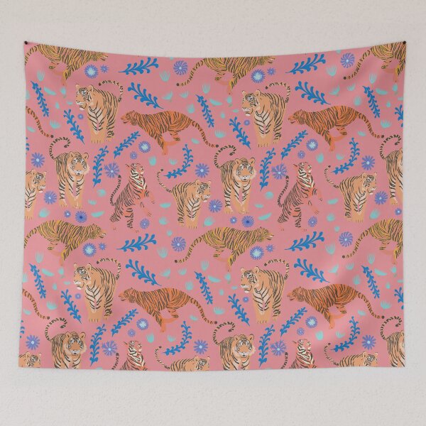 Item preview, Tigers with flowers and plants on stripes red designed and sold by Flyingwall.