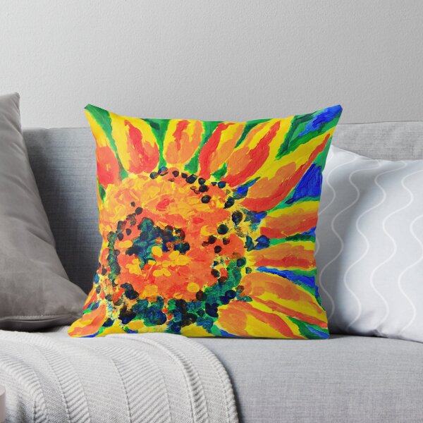 Bright and Cheerful Single Sunflower Acrylic Painting Throw Pillow
