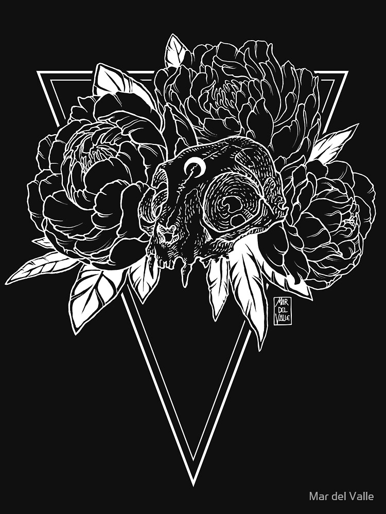 Cat Skull with Peonies - White Line by mardelvallearts