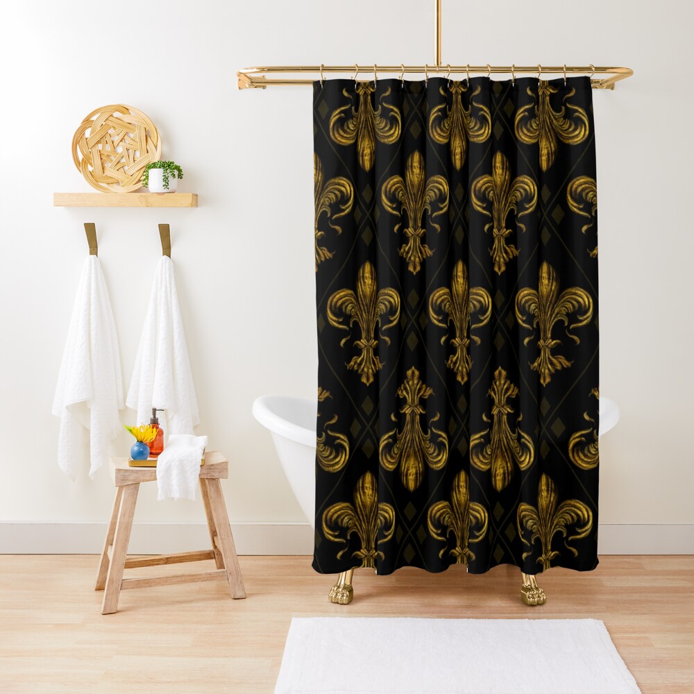 Vintage Gold Fleur De Lis Pattern Lily Symbol French Decor Shower Curtain Set 