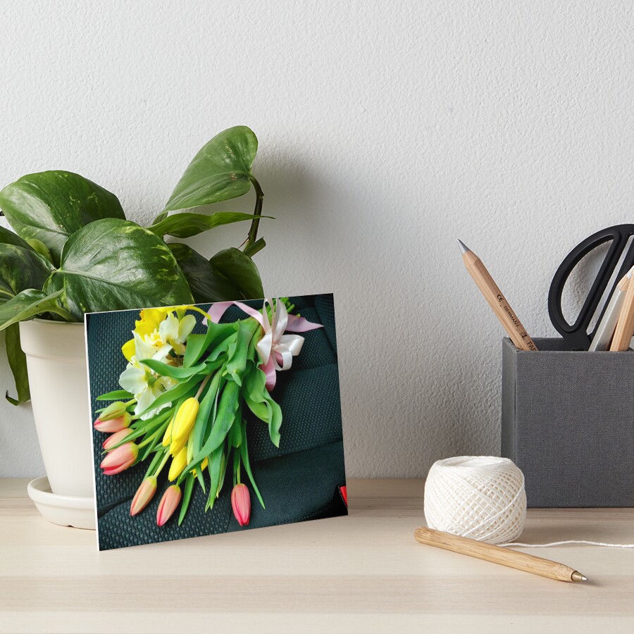 Bouquet of multicolored tulips, on the seat of a car, tied with a pink bow Art Board Print