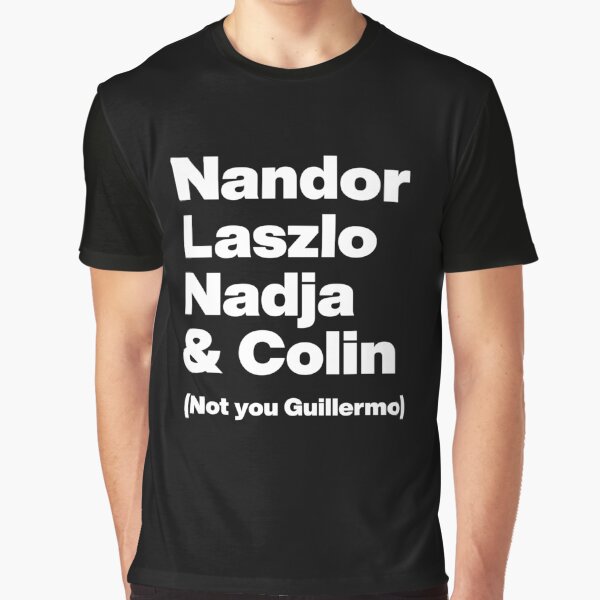 Aperçu de l'œuvre Nandor Laszlo Nadja et Colin (pas vous Guillermo) - Ce que nous faisons dans l'ombre - Graphique en texte blanc créée et vendue par TypeHaus™.