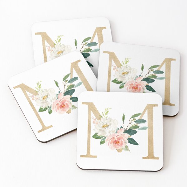 Item preview, Monogram letter M - Faux gold foil and pink and white flowers and green leaves designed and sold by Citronelladesig.
