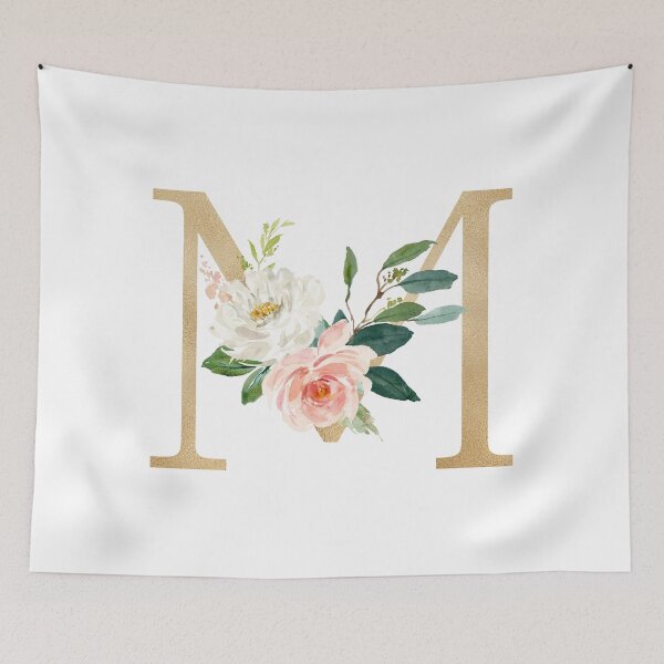 Item preview, Monogram letter M - Faux gold foil and pink and white flowers and green leaves designed and sold by Citronelladesig.