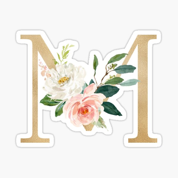 Monogram letter M - Faux gold foil and pink and white flowers and green leaves Sticker