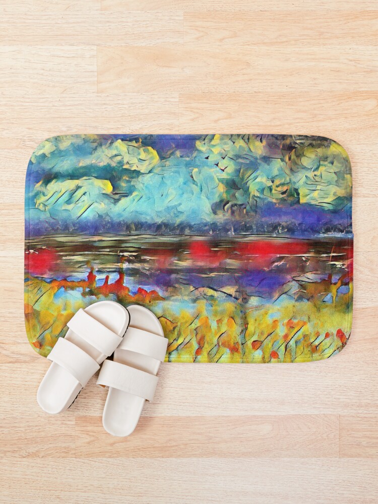 Alternate view of Seascape 1 a lovely original artwork created in acrylic and mixed media with a sprinkling of digital designed by (c) Janet Watson Art xx Bath Mat