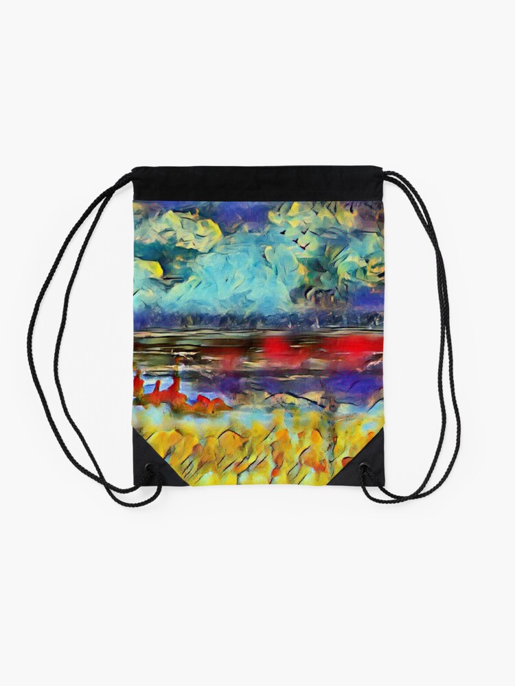 Alternate view of Seascape 1 a lovely original artwork created in acrylic and mixed media with a sprinkling of digital designed by (c) Janet Watson Art xx Drawstring Bag