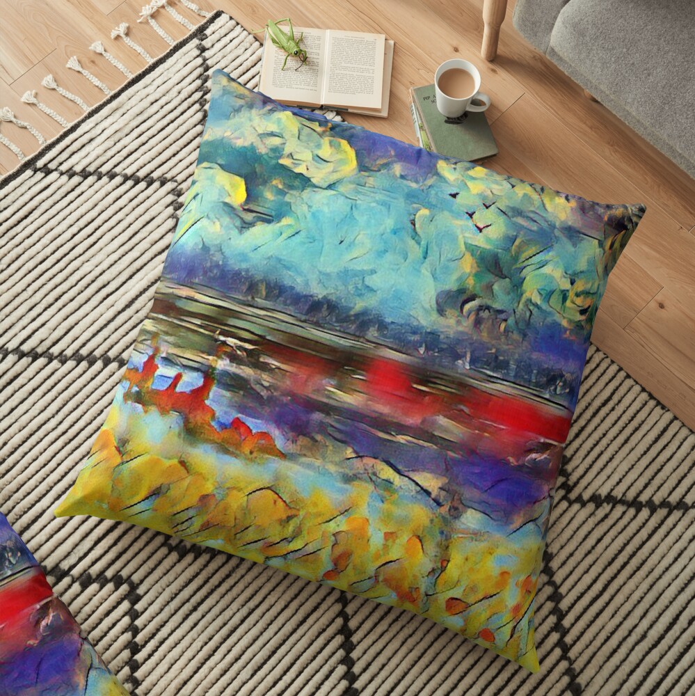 Seascape 1 a lovely original artwork created in acrylic and mixed media with a sprinkling of digital designed by (c) Janet Watson Art xx Floor Pillow