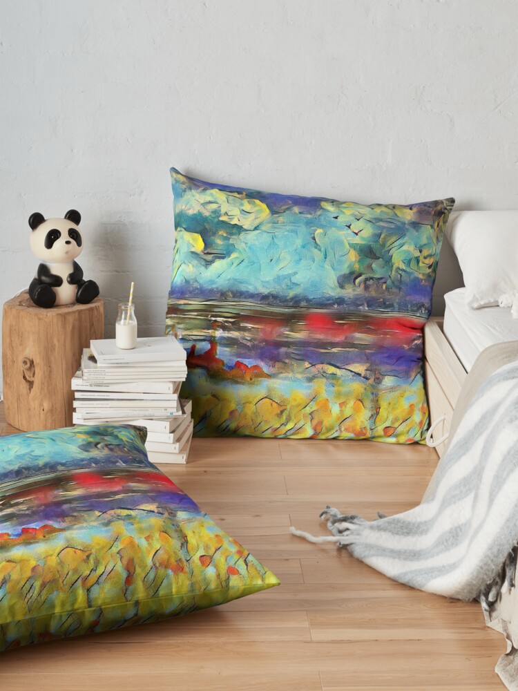 Alternate view of Seascape 1 a lovely original artwork created in acrylic and mixed media with a sprinkling of digital designed by (c) Janet Watson Art xx Floor Pillow
