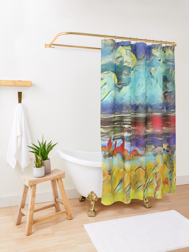 Alternate view of Seascape 1 a lovely original artwork created in acrylic and mixed media with a sprinkling of digital designed by (c) Janet Watson Art xx Shower Curtain