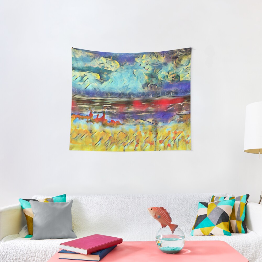 Seascape 1 a lovely original artwork created in acrylic and mixed media with a sprinkling of digital designed by (c) Janet Watson Art xx Tapestry