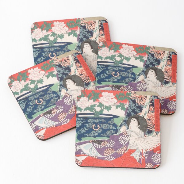 Item preview, Japanese Woman and Peony Flowers Vintage Woodblock Print, 1878 designed and sold by Vintage Wall Art.