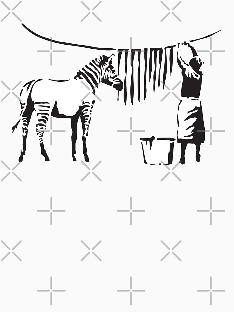 Banksy Graffiti Zebra stripes on a clothing line and a woman with signature Banksy tag by iresist