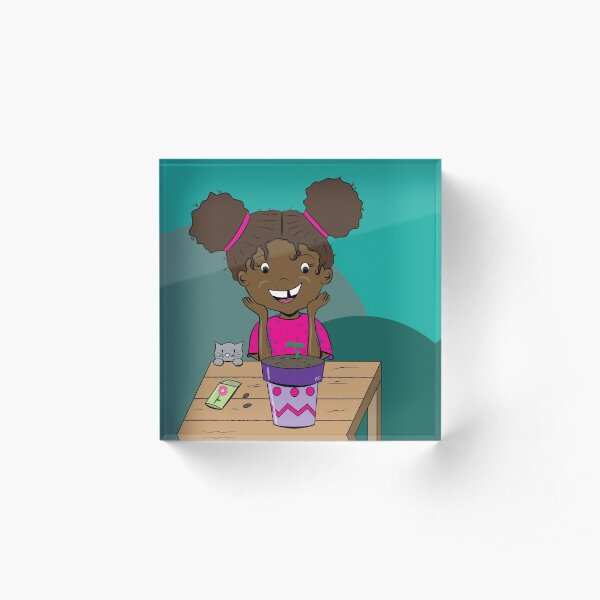Happy Girl Starring at her Seedling Acrylic Block