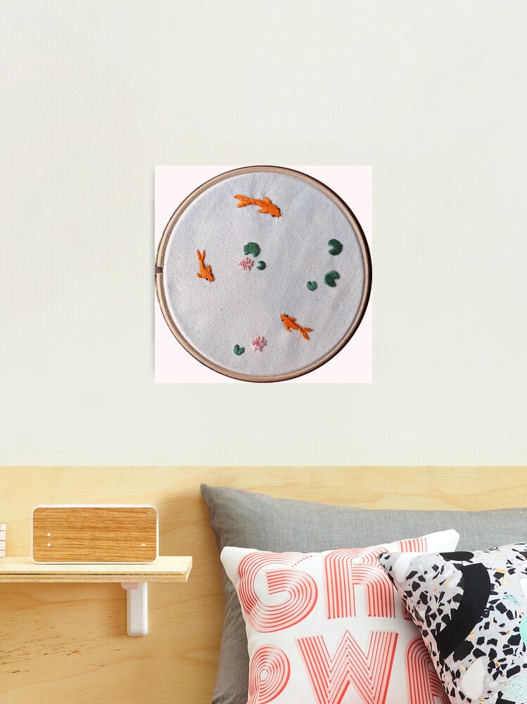 Koi Pond Embroidery, Blackwork Fish, Small Framed Wall top Art