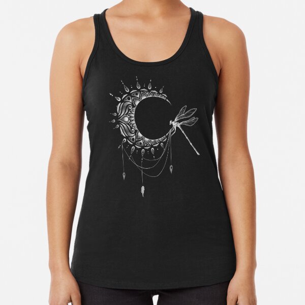 Intricate Half Crescent Moon with Dragonfly Tattoo Design Racerback Tank Top