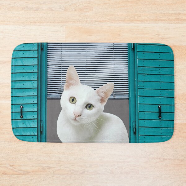 Item preview, White cat turquoise window brick wall designed and sold by Move-Art.