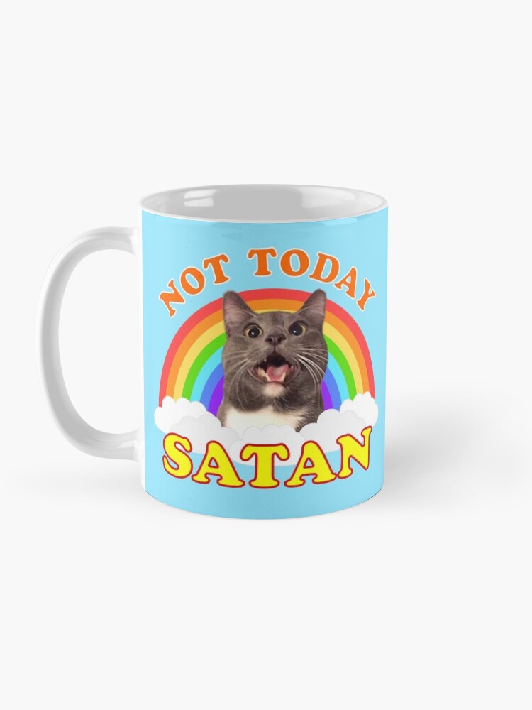 Alternate view of NOT TODAY SATAN! - Roger the Cat, Death Metal Rainbow Smiles Coffee Mug