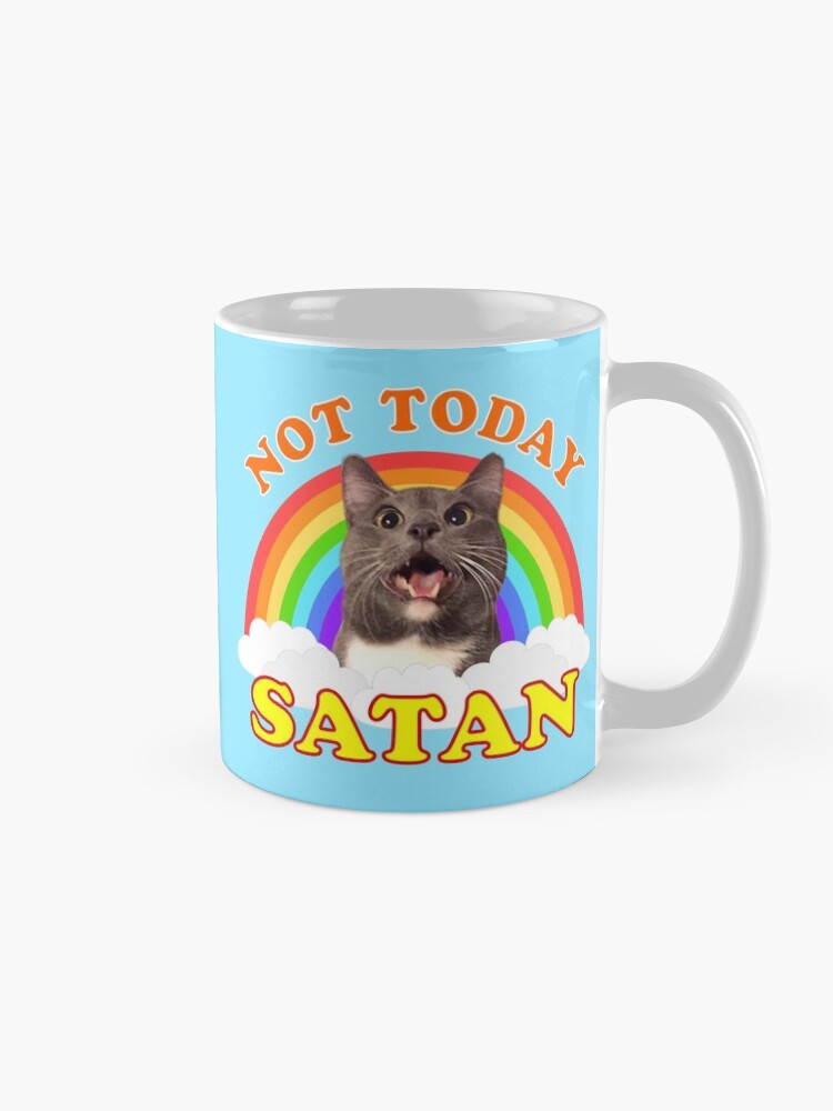 Alternate view of NOT TODAY SATAN! - Roger the Cat, Death Metal Rainbow Smiles Coffee Mug