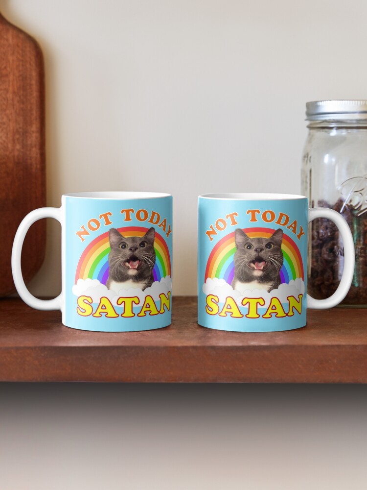 Alternate view of NOT TODAY SATAN! - Roger the Cat, Death Metal Rainbow Smiles Coffee Mug