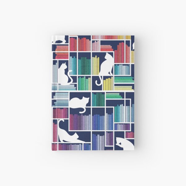 Rainbow bookshelf // navy blue background white shelf and library cats Hardcover Journal