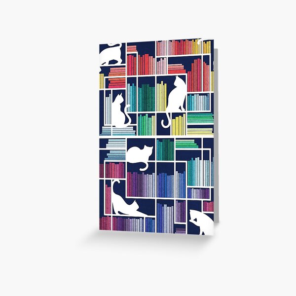 Rainbow bookshelf // navy blue background white shelf and library cats Greeting Card
