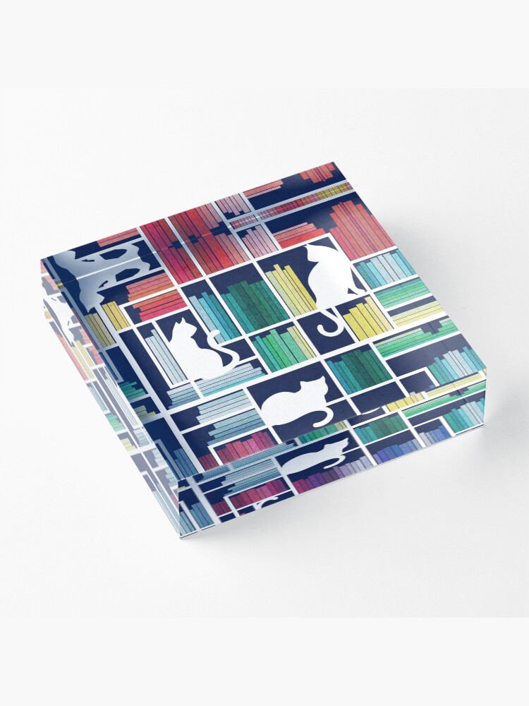 Alternate view of Rainbow bookshelf // navy blue background white shelf and library cats Acrylic Block