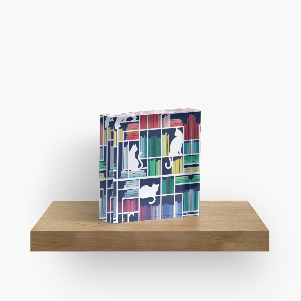Rainbow bookshelf // navy blue background white shelf and library cats Acrylic Block