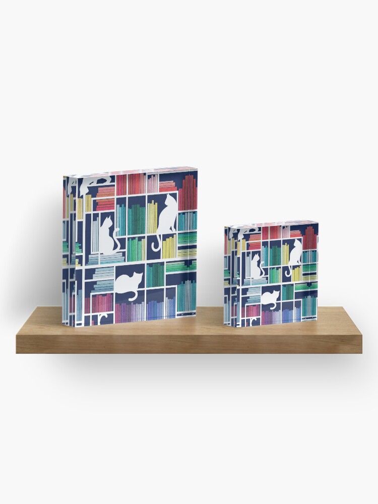 Alternate view of Rainbow bookshelf // navy blue background white shelf and library cats Acrylic Block