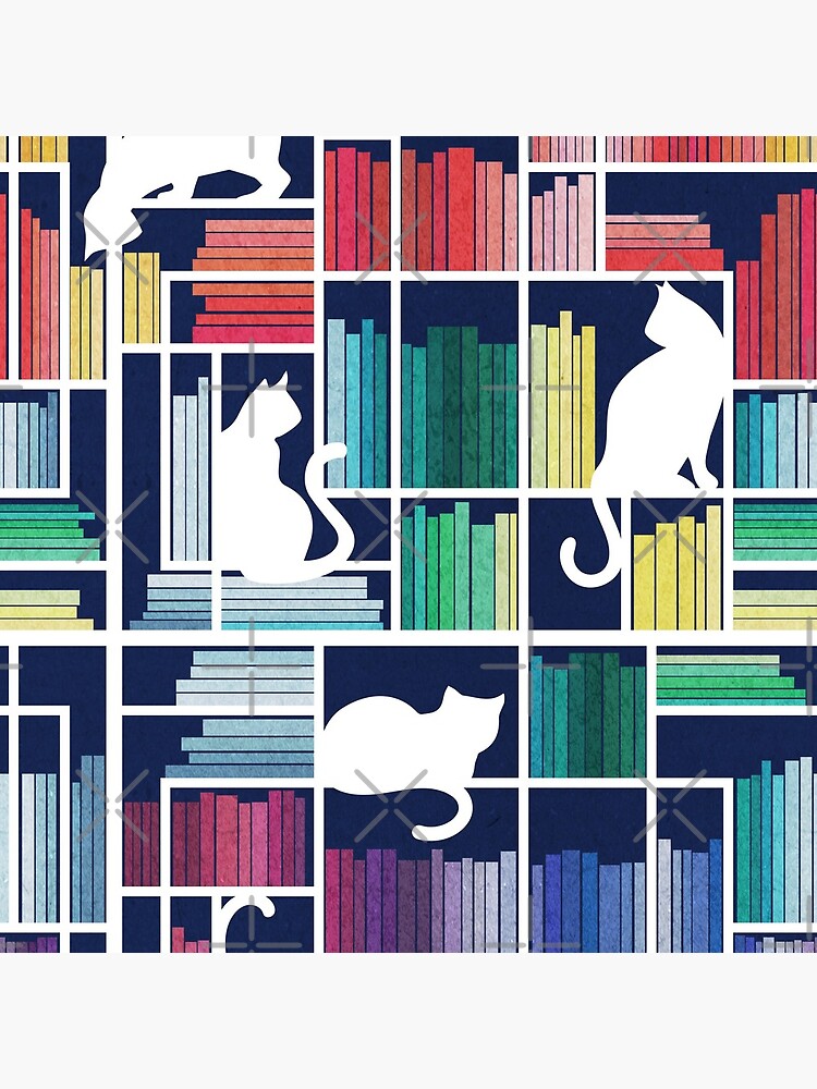 Rainbow bookshelf // navy blue background white shelf and library cats by SelmaCardoso