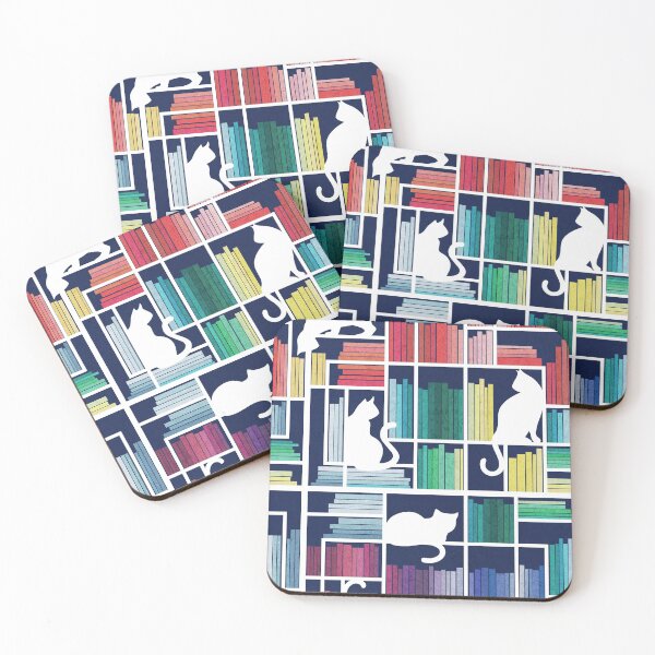 Item preview, Rainbow bookshelf // navy blue background white shelf and library cats designed and sold by SelmaCardoso.