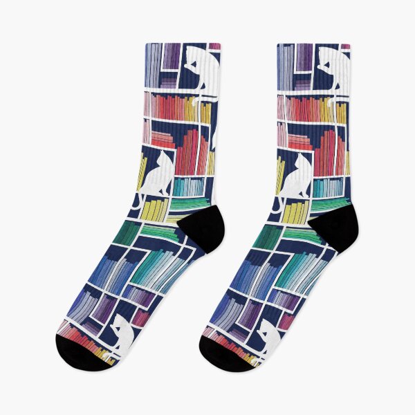 Item preview, Rainbow bookshelf // navy blue background white shelf and library cats designed and sold by SelmaCardoso.