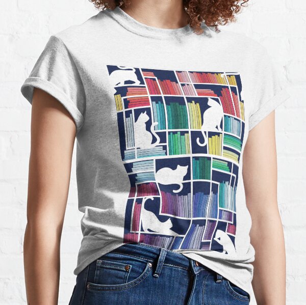 Rainbow bookshelf // navy blue background white shelf and library cats Classic T-Shirt