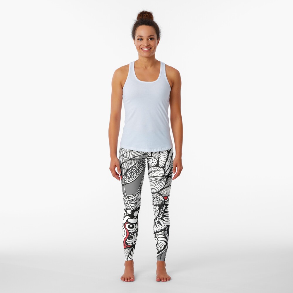 hand drawn fine line black and red fantasy Leggings