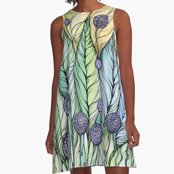 Dandelions.Hand draw ink and pen, Watercolor, on textured paper A-Line Dress