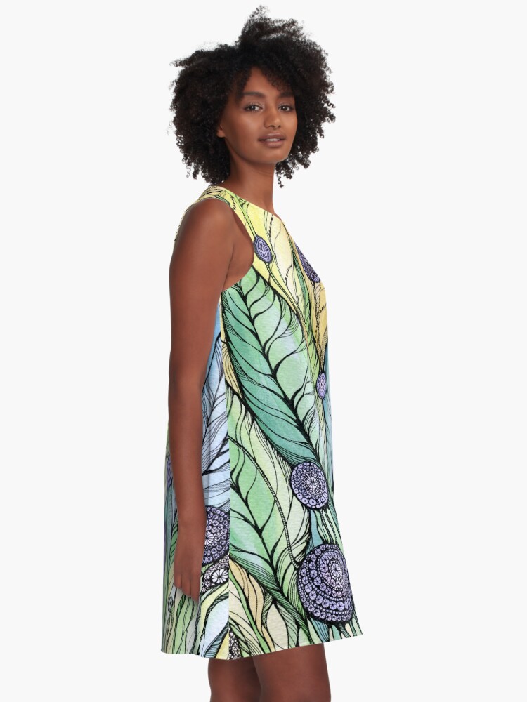 Alternate view of Dandelions.Hand draw ink and pen, Watercolor, on textured paper A-Line Dress