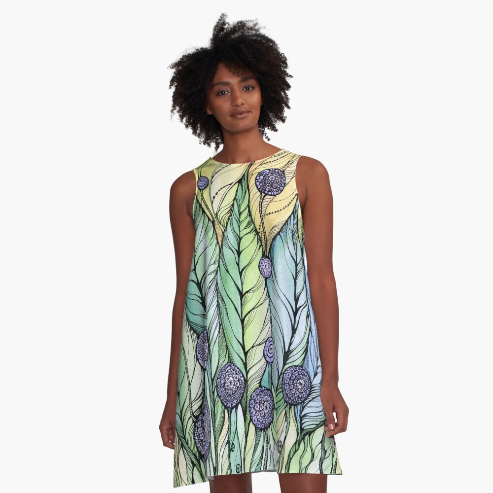 Dandelions.Hand draw ink and pen, Watercolor, on textured paper A-Line Dress