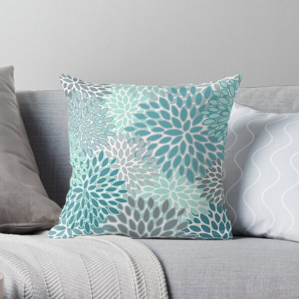 Floral Pattern, Aqua, Teal, Turquoise and Gray Throw Pillow by Megan Morris